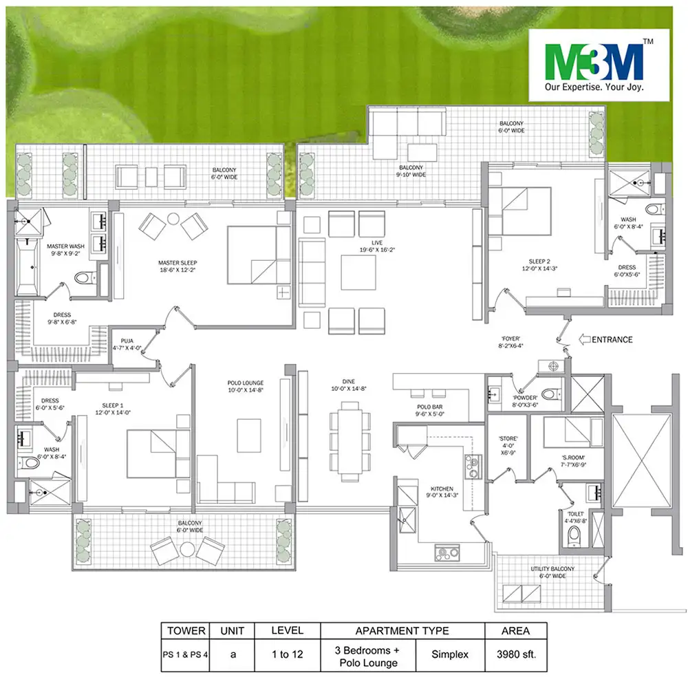 M3M Polo Suites - 3 Bedroom + Den + Puja